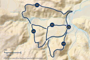 Krótkie szlaki piesze w Landmannalaugar - mapa