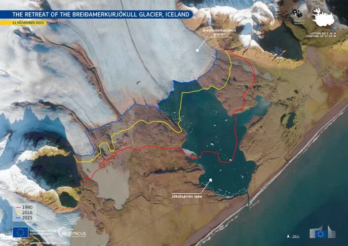 Zdjęcie satelitarne zatoki Jokulsarlon z zaznaczonymi zakresami lodowca z ubiegłych lat