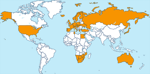 World map with visited countries.