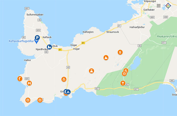 Map of Grindavik area attractions