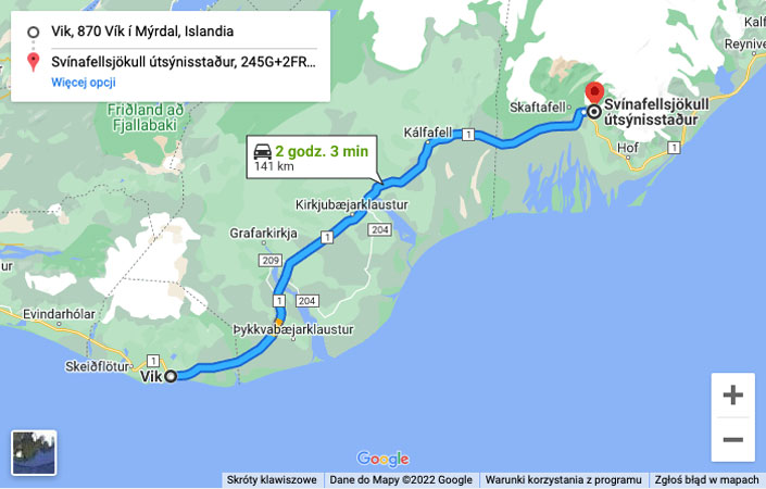 Mapa dojazdu do lodowca Svinafellsjokull