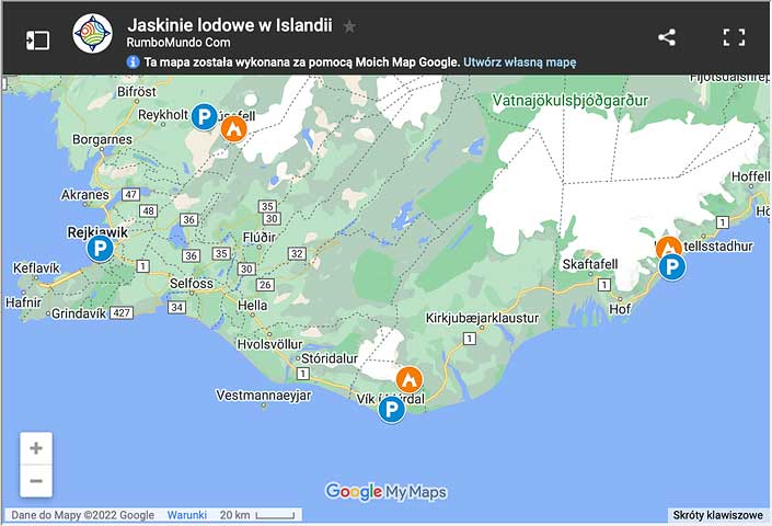 Mapa jaskini lodowcowych na Islandii