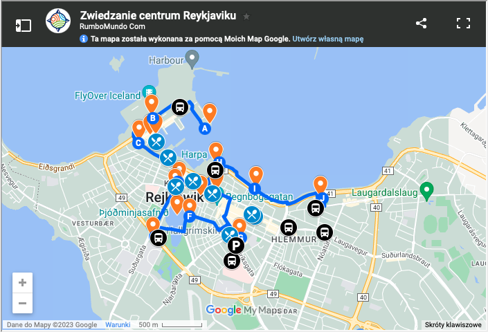 Mapa trasy spaceru po Reykjaviku