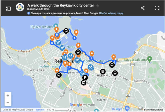 Map of a walk through Reykjavik