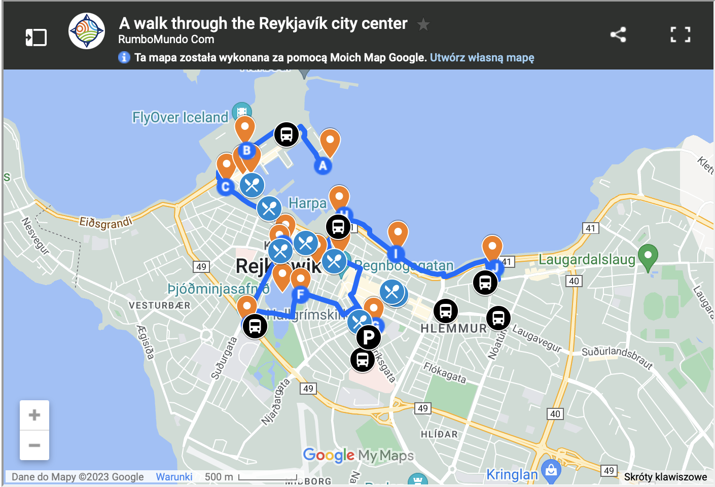 Map of a walk through Reykiavik