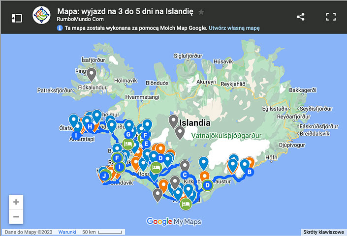 Mapa wyjazdu na Islandię na 3 do 5 dni