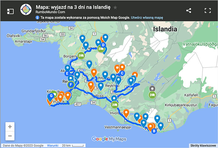 Mapa wyjazdu na Islandię na 3 dni