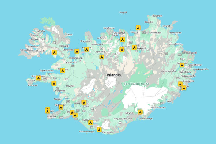 Mapa kempingów czynnych przez cały rok na Islandii