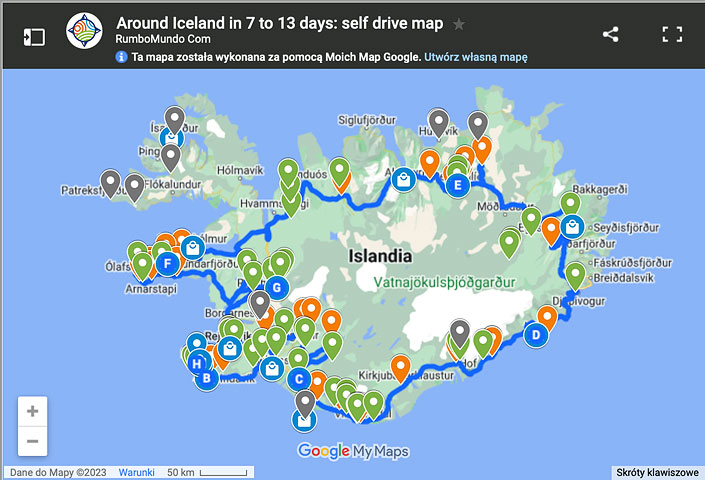 Map: A 7 to 13 Days Self Drive Itinerary Around Iceland.