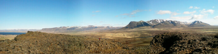 panorama from the top of Borgarvirki over the plain and the snow-capped mountains