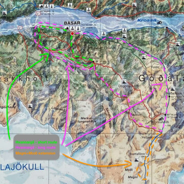 Map of trails to Hvannargil near Basar Hut