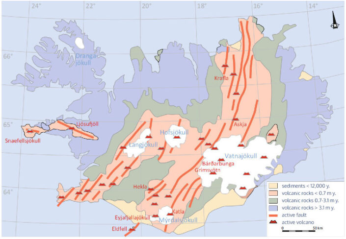 geologic map of Iceland with belts of rock of different ages