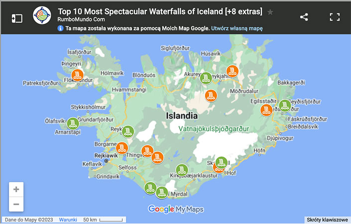 Map: Top 10 Waterfalls of Iceland.