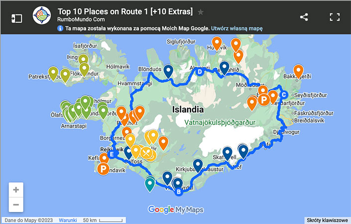 Map: Top 10 Attractions on Route 1, Iceland.