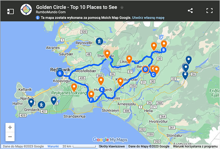 Map: Top places to see on the Golden Circle Route.