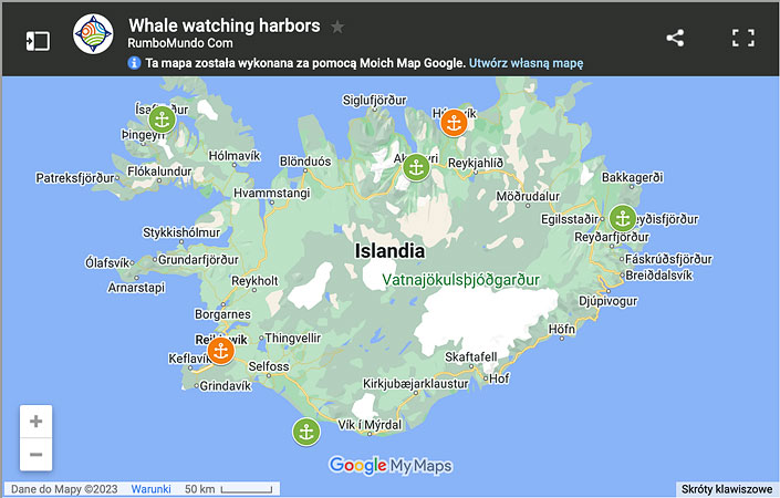 Map: Top Harbors for Whale Watching in Iceland.