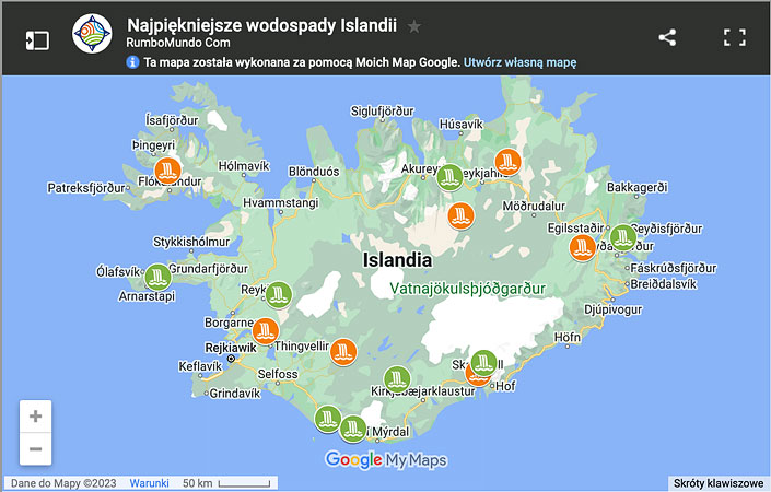 Mapa: Top 10 najpiękniejszych wodospadów Islandii.