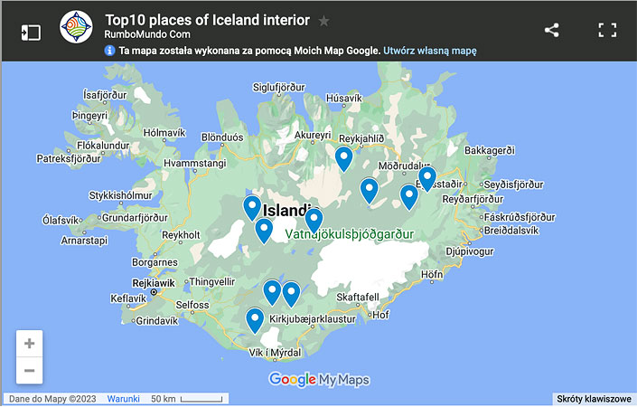 Top 10 places in Iceland Interior (map)