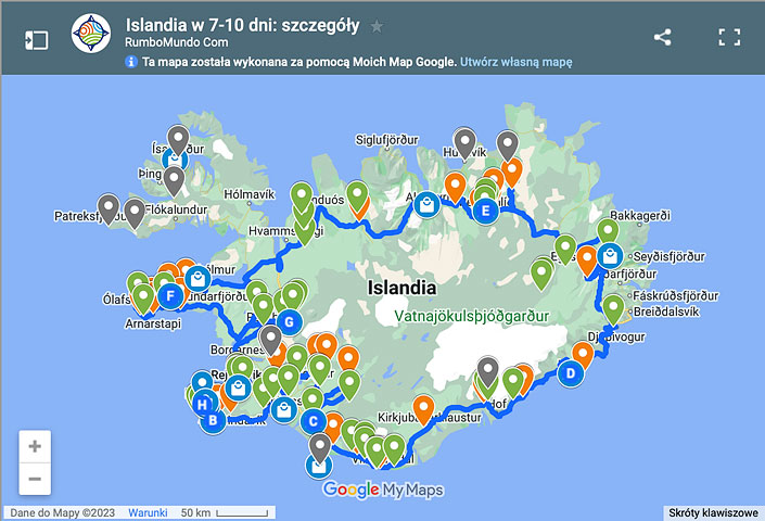 Mapa: Plan jazdy na 7 do 13 dni wokół Islandii.