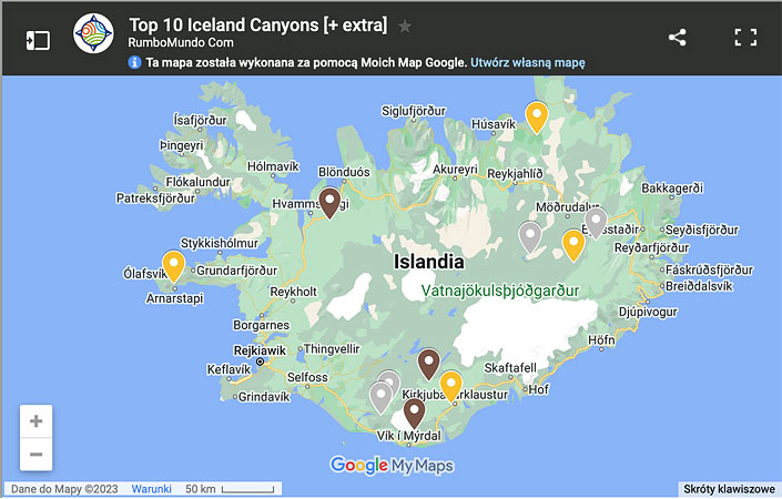 Map: Top 10 Canyons of Iceland.