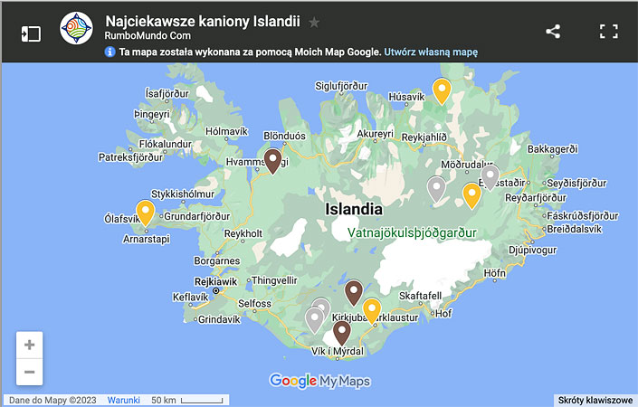 Mapa najciekawszych kanionów Islandii