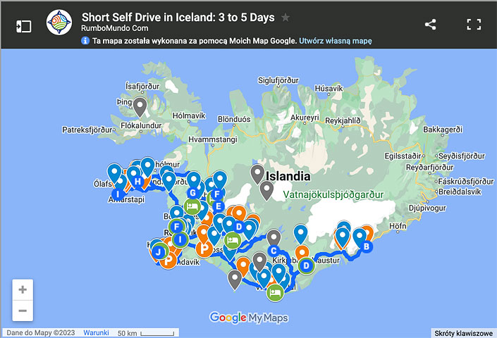 Map: 3 to 5 days self drive in Iceland - itinerary