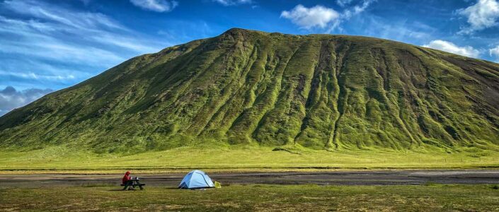 tent with a mountain in the Icelandic highland