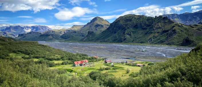 Langidalur camp with view to Krossa Valley / Thorsmork