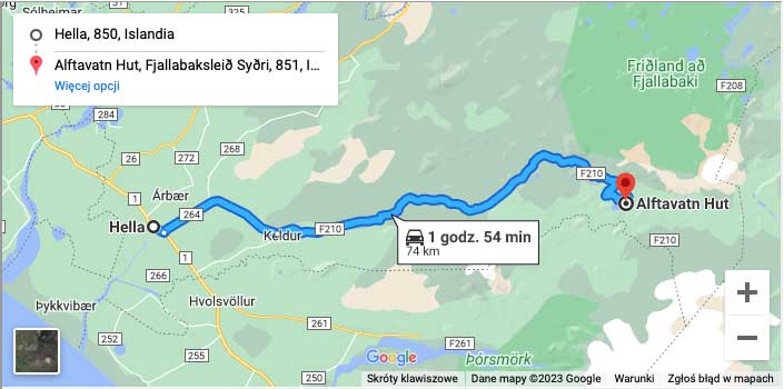 Mapa: Droga z Hella do Alftavatn