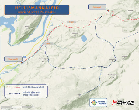 Mapa trasy Rjupnavellir-Afangagil przez Raudaskal i Hekla