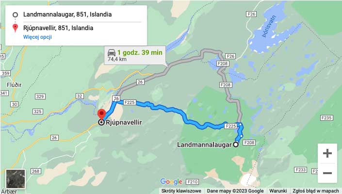 Mapa: dwie drogi dojazdu z Rjupnavellir do Landmannalaugar