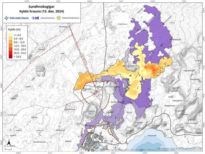 Mapa zasięgu świeżej lawy wulkanu Svartsengi