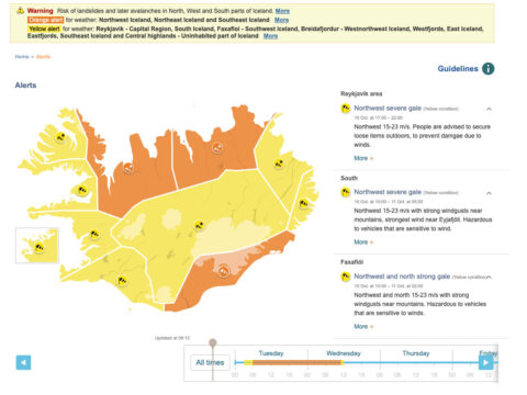 mapa alarmów pogodowych dla Islandii