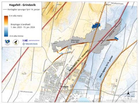 Mapa uskoków i zapadliska w pobliżu Grindaviku.