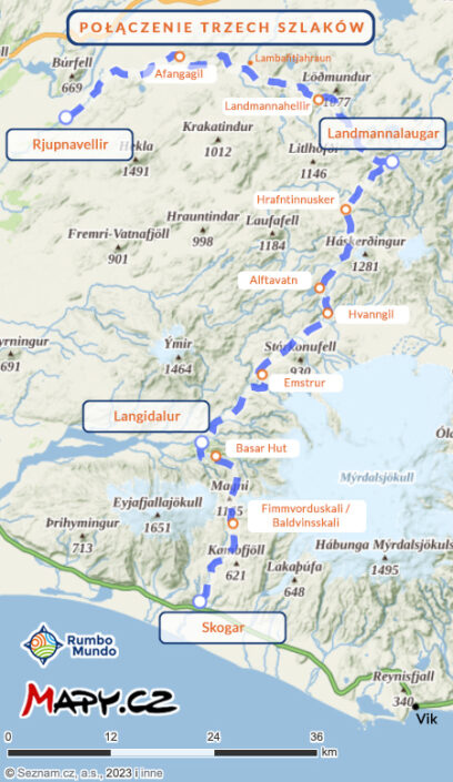 Mapa: Fimmvorduhals + Laugavegur + Hellismannaleid