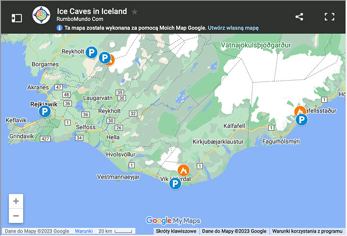 Map of ice caves in Iceland