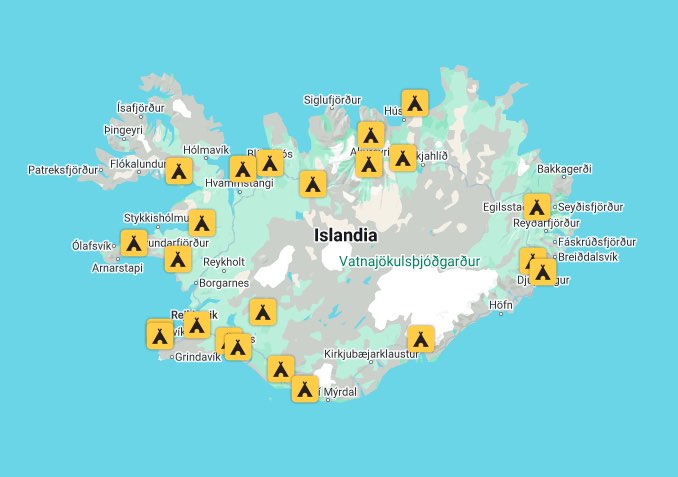 Mapa całorocznych kempingów - Tjalda.is