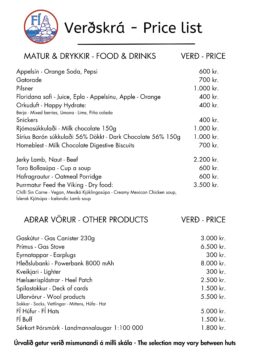 Laugavegur hut shops price list (2025)