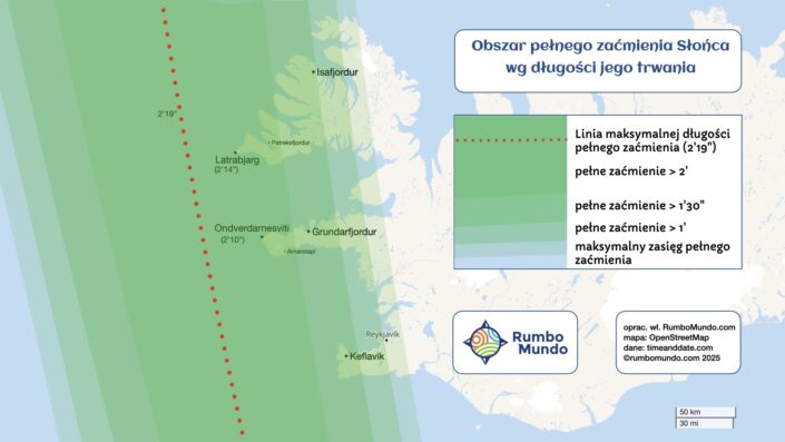 mapa zaćmienia Słońca na Islandii wg czasu jego trwania
