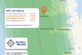 mapa całkowitego zaćmienia słońca z dokładną godziną początku i końca zaćmienia dla klifów Latrabjarg