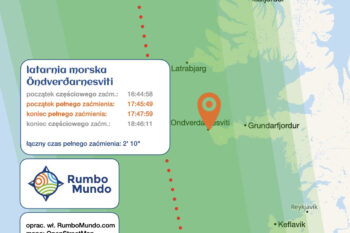 mapa całkowitego zaćmienia słońca z dokładną godziną początku i końca zaćmienia dla latarni Öndverðarnesviti
