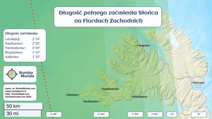 Mapa: Obszar pełnego zaćmienia Słońca na Fiordach Zachodnich, wg. długości jego trwania