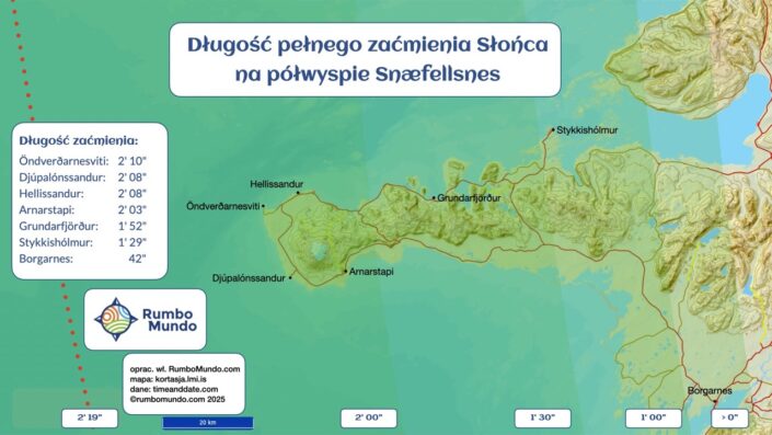 Mapa: Obszar pełnego zaćmienia Słońca na półwyspie Snaefellsness