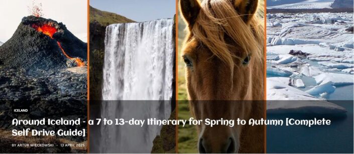Collage of Iceland Ring Road highlights: lava eruption, Skógafoss waterfall, Icelandic horse portrait, and glacial lagoon