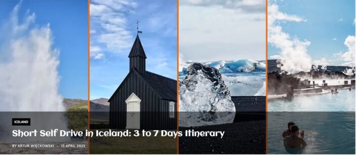 Collage of Iceland south-west highlights: Strokkur geyser erupting, Búðakirkja black church, ice block on Diamond Beach, and Blue Lagoon hot pool