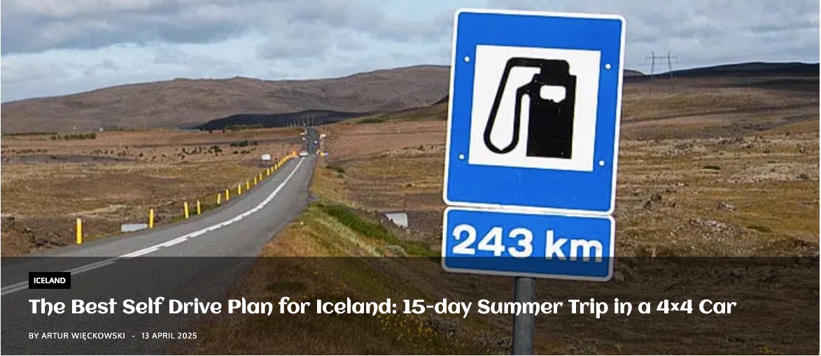 Road sign on Iceland's highland interior route warning no gas station for the next 243 km