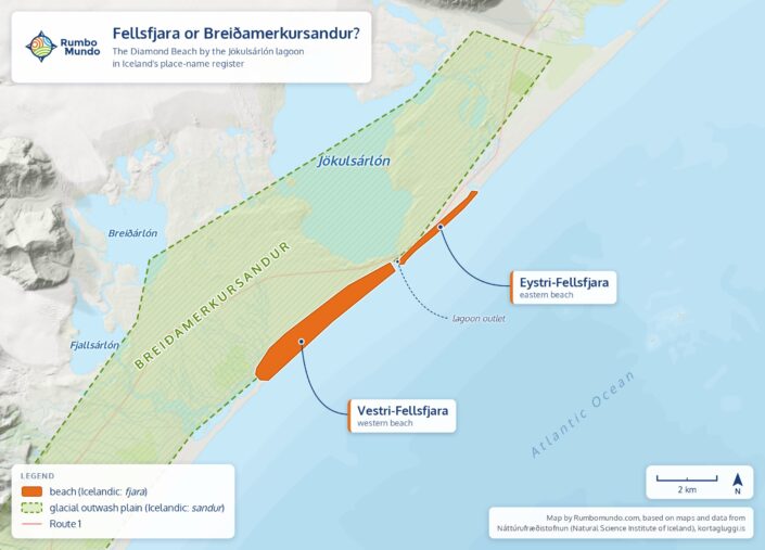Map: the Vestri-Fellsfjara and Eystri-Fellsfjara beaches at the edge of the Breiðamerkursandur plain by the Jökulsárlón lagoon