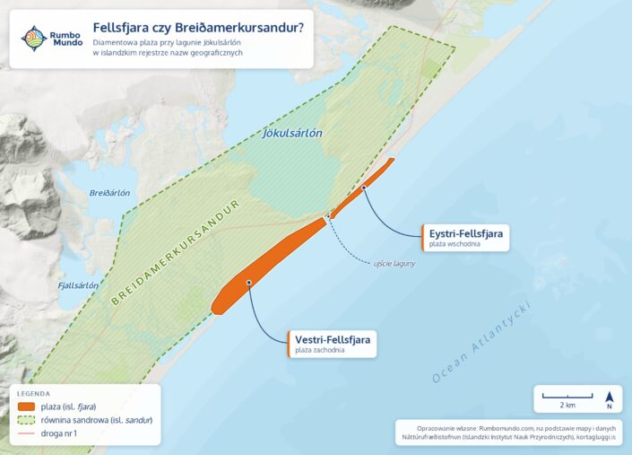 Mapa: plaże Vestri-Fellsfjara i Eystri-Fellsfjara na skraju równiny Breiðamerkursandur przy lagunie Jökulsárlón