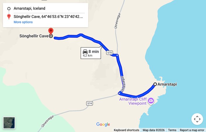 Map: driving route from Arnarstapi to the Songhellir cave