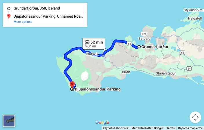 Map: driving route from Grundarfjordur to Djupalonssandur
